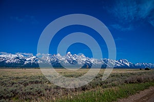 Beautiful landscape of the Grand Tetons range and peaks located inside the Grand Teton National Park, Wyoming, United