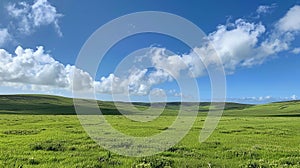 Beautiful landscape of green field, blue sky and white clouds