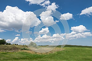 Beautiful landscape. Green grass field and cloudy blue sky