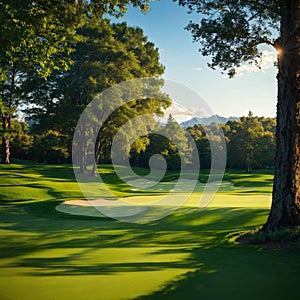 a beautiful landscape green grass pattern from a golf course with a blue sky.