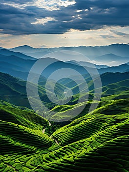 Beautiful landscape green mountain the sky clouds sunlight endless grassy slopes Generative AI