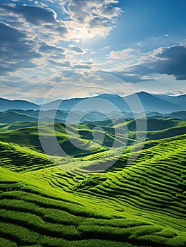 Beautiful landscape green mountain the sky clouds sunlight endless grassy slopes Generative AI