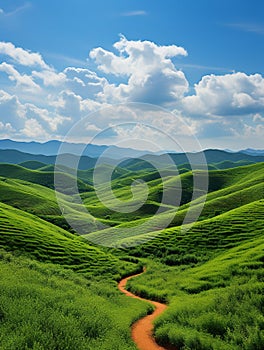 Beautiful landscape green mountain the sky clouds sunlight endless grassy slopes Generative AI