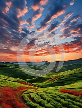 Beautiful landscape green mountain the sky clouds sunlight endless grassy slopes Generative AI