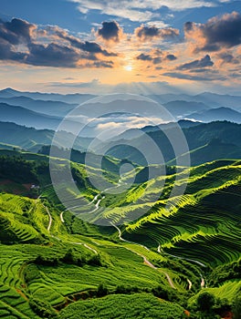 Beautiful landscape green mountain the sky clouds sunlight endless grassy slopes Generative AI