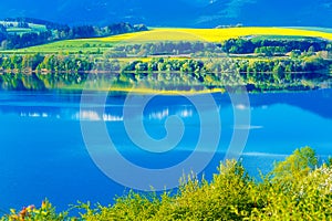 Beautiful landscape, green and yellow meadow and lake with mountain in background. Slovakia, Central Europe.