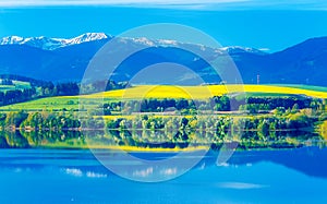 Beautiful landscape, green and yellow meadow and lake with mountain in background. Slovakia, Central Europe.