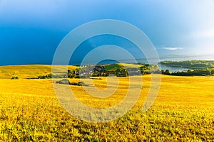 Beautiful landscape, green and yellow meadow and