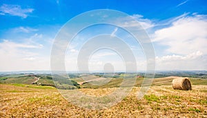 Beautiful landscape with hay bale in spring, Val d Orcia, Tuscany, Italy