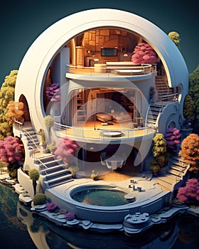 Beautiful landscape Home of the future Modern circle Generative AI