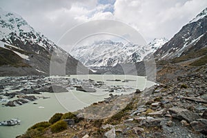 The beautiful landscape of Hooker Valley tracks in Aoraki/Mount Cook, South island, New Zealand.