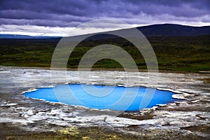 Beautiful landscape with hot geothermal spring Blahver at night in Hveravellir, Iceland