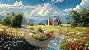 A beautiful landscape of a house in a field of flowers with a river running through it