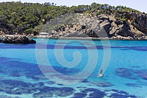 beautiful landscape in Ibiza of blue ocean in a sunny day with boats in the horizon. Summer and holidays concept