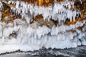 Beautiful landscape of an ice formation such as Ice spike and Icicle forming in a temperature below 0c in lake Baikal, Russia.