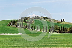 Beautiful landscape of idyllic Tuscany countryside in springtime, with a winding country road lined with cypress trees