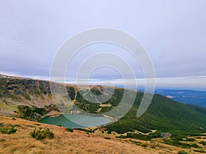 Beautiful landscape of Iezerul Mare glacial lake in the Cindrel Mountains, Romania.