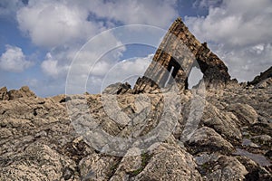 Beautiful landscape image of Blackchurch Rock on Devonian geological formation on beautiful Spring day