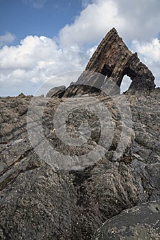 Beautiful landscape image of Blackchurch Rock on Devonian geological formation on beautiful Spring day