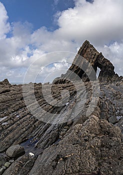 Beautiful landscape image of Blackchurch Rock on Devonian geological formation on beautiful Spring day