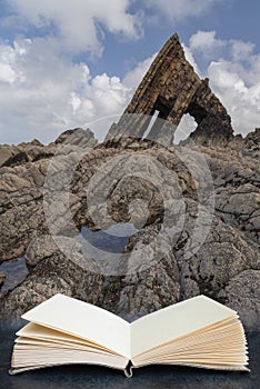 Beautiful landscape image of Blackchurch Rock on Devonian geological formation on beautiful Spring day in composite image coming