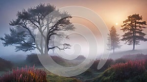 Beautiful landscape image of a misty sunrise over a tree in the countryside.