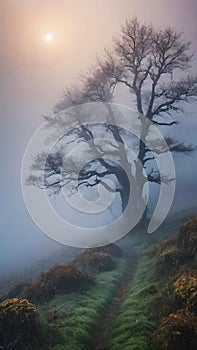 Beautiful landscape image of a misty sunrise over a tree in the countryside.