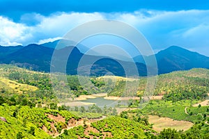 Beautiful landscape of India with green tea plantations, river,