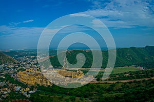 Beautiful landscape of India Jaipur Amber fort in Rajasthan. Ancient indian palace architecture panoramic view