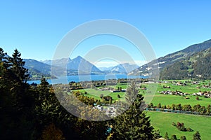 Interlaken, Switzerland, Threes, Mountains, Lake, Grass and Houses.