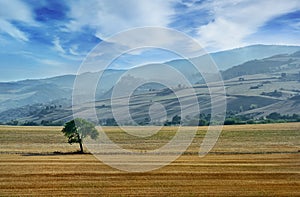 Beautiful landscape in Italian countryside with hills and mountains on background