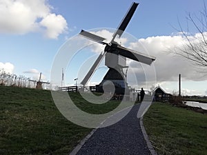 Beautiful Landscape in Kiderdijk, Netherlands, around of old windmill