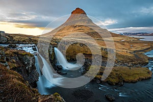 Beautiful landscape of Kirkjufell mountain in Iceland at sunset.