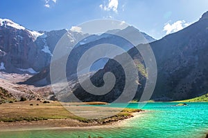 Beautiful landscape of Kulikalon lake in Fann mountains, Tajikistan. Amazing turquoise water in lakes in Pamir Alay mountain range