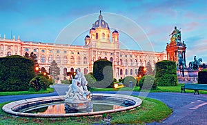 Beautiful landscape with Kunsthistorisches Fine Arts Museum and park Maria-Theresien in Vienna, Austria, Europe