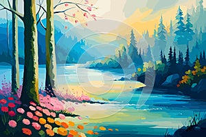 Beautiful landscape with lake, forest and orange sky. Vector illustration, abstract illustration, generative ai