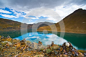 Beautiful landscape with lake, mountain and pile of stone in Tibet