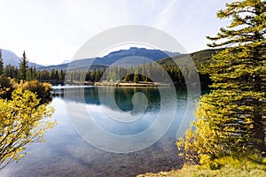 Beautiful landscape of a lake with mountains in the background on a sunny day