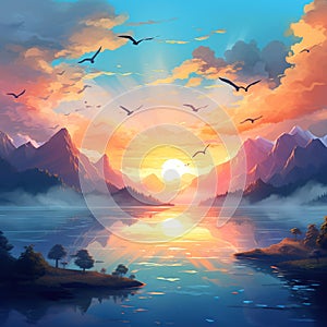 Beautiful landscape with lake, mountains, and birds at sunset, vector illustration, Generative AI