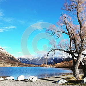 Beautiful landscape with lake and snow covered mountains