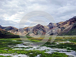 Beautiful landscape of Landmannalaugar geothermal area with river, green grass field and rhyolite mountains, Iceland