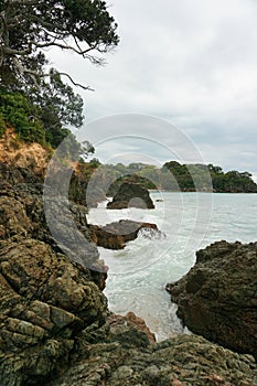 Beautiful landscape at Langs beach in New Zealand.