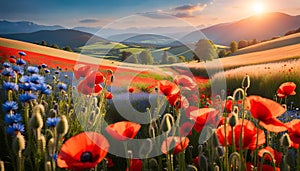 Beautiful landscape, a large field with poppies and cornflowers against the backdrop of a beautiful landscape