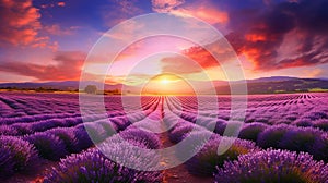 Beautiful landscape. Lavender field in summer in the morning. generative AI