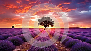 Beautiful landscape. Lavender field in summer in the morning. Generative AI