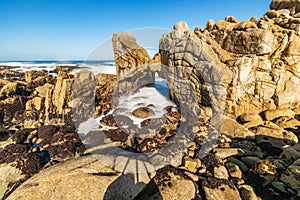 Beautiful landscape, long exposure of water, scenic coastline of Monterey, Kissing Rock view, Pacific Grove, Monterey, California