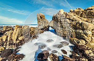 Beautiful landscape, long exposure of water, scenic coastline of Monterey, Kissing Rock view, Pacific Grove, Monterey, California