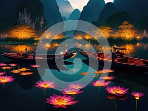 Beautiful landscape with lotus flowers and boats in the lake