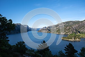 Beautiful landscape of Lysefjorden with a blue sky in the background in Norway