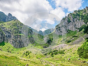 Beautiful landscape with Malaiesti Valley in the Bucegi Mountain part of the Carpathian Mountains of Romania